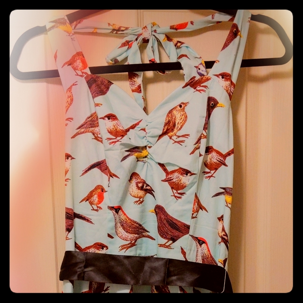 Aqua bird print halter dress